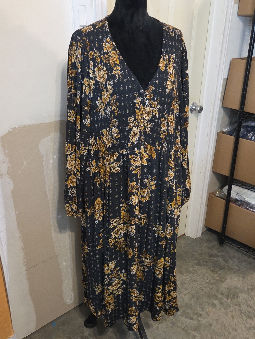 Torrid Floral V-Neck Maxi Dress in Mustard  Black Smocked Bodice